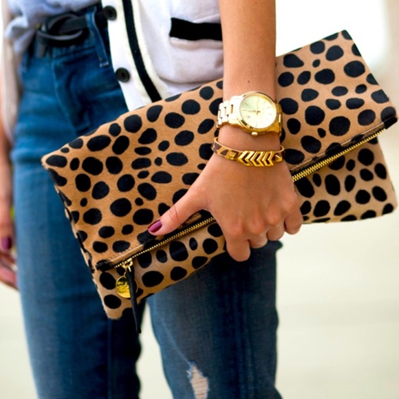 Clare V Leopard Print Foldover Clutch Bag Brown Black One Size - Picture 1 of 11